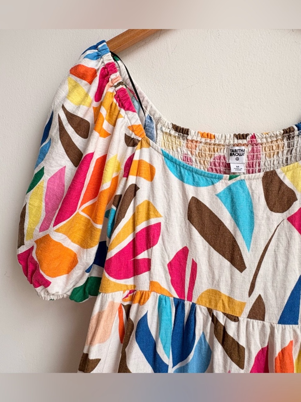 Tabitha Brown bright colorful Artsy linen blend smocked puff sleeve sundress Med - Picture 2 of 5